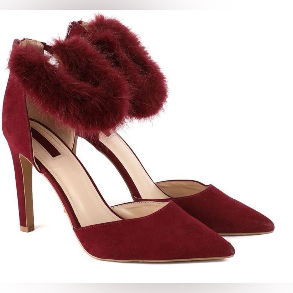 F21 Burgundy Suede Stiletto Heels with Fur Trim